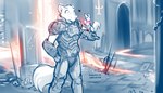 anthro armor biped blood bodily_fluids carrying_another clothed clothing duo eyes_closed female feral hand_on_hip heart_symbol male neck_bow on_arm quadruped smile conditional_dnp tom_fischbach doom_(series) id_software microsoft twokinds mrs._nibbly sythe_(twokinds) canid canine canis keidran mammal rodent sciurid tree_squirrel wolf 2022 7:4 adobe_photoshop_(artwork) digital_media_(artwork) hi_res monochrome sketch