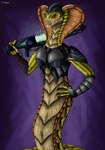 4_fingers anthro apode armor black_nails bracers clothed clothing colored_nails diamond_(marking) eyebrows female fingers furgonomics gun hand_on_hip holding_object holding_weapon legless markings metal_clothing nails orange_body orange_scales plasma_gun plasma_rifle pupils purple_background ranged_weapon red_eyes rifle scales serpentine simple_background slit_pupils snake_hood solo topwear underbelly weapon yellow_body tamhigan_(artist) x-com alien draconcopode naga reptile scalie snake viper_(x-com) absurd_res digital_drawing_(artwork) digital_media_(artwork) hi_res signature