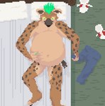 ambiguous_gender ambiguous_prey anthro bed belly big_belly bottomwear clothing clothing_grab footwear furniture green_hair hair hand_on_belly lying male male_pred navel nude on_back pants pillow shoes squirming squirming_belly vore nephiclav hyena mammal 2017 animated low_res short_playtime