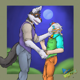 anthro black_body black_fur blue_eyes blue_hair bone bottomwear caressing_face clothing duo fur fur_markings hair hand_holding hand_on_face interspecies interspecies_romance jewelry light looking_at_another male male/male markings married_couple moon moonlight multi_eye multicolored_body multicolored_fur necklace necktie notched_ear orange_hair pants plant ring romantic romantic_ambiance romantic_couple shirt shrub sky standing tail tan_body topwear vest white_body white_fur wispypie mythology canid canine humanoid mammal mythological_canine mythological_creature unknown_species vampire werecanid werecanine werecreature werewolf 1:1 digital_drawing_(artwork) digital_media_(artwork) hi_res watermark