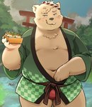 anthro asian_clothing belly big_belly blush clothing east_asian_clothing eating food fundoshi happi_(clothing) humanoid_hands japanese_clothing kemono male moobs navel outside overweight overweight_male red_clothing red_fundoshi red_underwear solo takoyaki underwear mioki bear mammal 2023