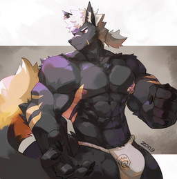 anthro areola asian_clothing big_bulge biped black_body black_fur bulge clothed clothing east_asian_clothing fundoshi fur hair japanese_clothing looking_away male muscular muscular_anthro muscular_male nipples ponytail simple_background solo standing tail text underwear underwear_only white_clothing white_fundoshi white_hair white_underwear zong_wumi canid canine canis mammal wolf 2020 archived_source artist_name digital_drawing_(artwork) digital_media_(artwork) hi_res signature
