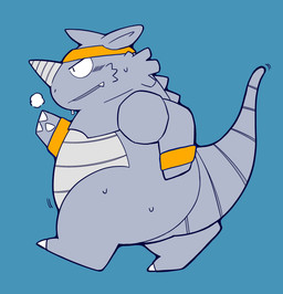 anthro biped blue_background blush bodily_fluids cute_fangs exercise fangs grey_body kemono overweight simple_background solo sweat teeth workout gayousi7 nintendo pokemon generation_1_pokemon pokemon_(species) rhydon 2022 hi_res