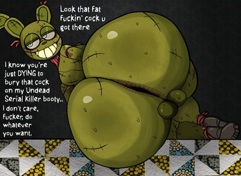 anthro anus backsack balls big_butt black_nose butt dialogue fur genitals green_body green_fur half-closed_eyes long_ears looking_back lying machine male narrowed_eyes on_side profanity smile solo stitch_(sewing) text wire furu_flami five_nights_at_freddy's five_nights_at_freddy's_3 scottgames springtrap_(fnaf) animatronic lagomorph leporid mammal rabbit robot 2025 digital_drawing_(artwork) digital_media_(artwork) english_description english_text