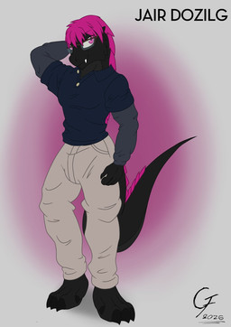 alternate_universe anthro biped clothed clothing eyewear glasses gradient_background hair keychain male male_anthro navel non-mammal_navel pink_eyes pink_hair simple_background solo standing text overlord_gabriel godzilla_(series) toho fan_character godzilla jair_dozilg_(oc) kaiju scalie digital_drawing_(artwork) digital_media_(artwork) hi_res