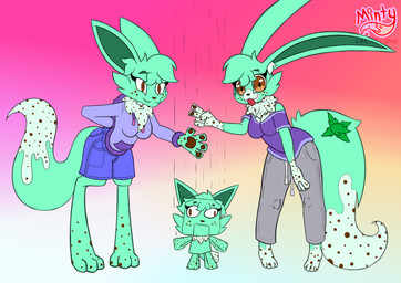 ambiguous_gender anthro blep bottomwear bra_strap breasts brown_body brown_eyes brown_feet brown_fur brown_nose brown_pawpads brown_paws cheek_tuft closed_smile clothed clothed_anthro clothed_female clothing denim denim_bottomwear denim_clothing denim_shorts ear_tuft eyebrows eyelashes facial_tuft feet female fluffy fluffy_chest fluffy_fur fluffy_tail freckled_arms freckled_face freckled_legs freckled_tail freckles fur fur_markings fur_tuft gesture green_arms green_body green_fur green_hair green_legs green_tail grey_bottomwear grey_clothing grey_pants grey_sweatpants group hair hand_gesture hand_on_leg hand_on_thigh hands_behind_back happy head_tuft hoodie leaning leaning_forward long_ears long_legs long_tail looking_at_viewer markings mint_leaf_(food) mouth_closed multicolored_arms multicolored_body multicolored_chest multicolored_ears multicolored_fur multicolored_legs multicolored_tail neck_tuft pants pawpads paws pupils puppet puppet_strings purple_clothing purple_hoodie purple_shirt purple_topwear shirt shorts smile smiling_at_viewer spots spotted_arms spotted_body spotted_fur spotted_legs spotted_markings spotted_tail standing string sweatpants tail tail_markings tongue tongue_out topwear trio tuft v_sign wave white_sclera minty_after_hours minty_vee_(anthro)_(minty_creations) minty_vee_(puppet)_(minty_creations) minty_vee_(umbran)_(minty_creations) canid canine dream_creature fox hybrid lagomorph leporid mammal rabbit 2025 absurd_res hi_res