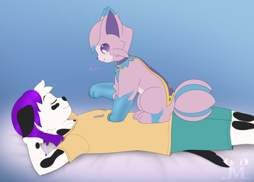 ambiguous_gender anthro bottomwear cape clothed clothing collar duo feral floppy_ears fur hair kneading lying male neck_tuft on_back paw_ring pink_body pink_fur purple_eyes purple_hair ring shirt shorts sleeping t-shirt topwear tuft white_body white_fur jm-luxro nintendo pokemon arian_the_dalmatian veo_(st3veo) canid canine canis dalmatian domestic_dog eeveelution espeon generation_2_pokemon hybrid lewxen mammal pokemon_(species) absurd_res hi_res