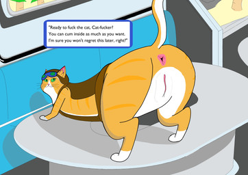 animal_genitalia anus bestiality bestiality_humiliation bestiality_temptation butt butt_focus dialogue dirty_talk explicit_text female feral feral_temptation fur furniture genitals green_eyes on_table orange_body orange_fur profanity raised_tail seductive sofa solo speech_bubble striped_body striped_fur stripes table tail talking_to_viewer temptation text visor vulva white_paws sock_puppeteer blizzard_entertainment overwatch fika_(overwatch) domestic_cat felid feline felis mammal absurd_res digital_media_(artwork) english_text hi_res