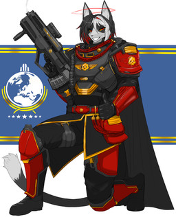 anthro ar-23_liberator armor belt belt_pouch boots cape carapace clothing footwear fur gesture gloves greaves gun hand_gesture handwear male multicolored_body multicolored_fur o-44_bondedpilot pauldron ranged_weapon red_armor red_eyes red_halo shoes simple_background skull_symbol smile smiling_at_viewer solo thumbs_up undersuit weapon 9live helldivers helldiver kyu_(9live) domestic_cat felid feline felis mammal