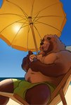 alcohol anthro barazoku barely_visible_nipples beach beach_chair beach_umbrella beer belly beverage beverage_can biceps big_bulge big_muscles braided_fur bulge can chair clothed clothing container day deltoids detailed_bulge eyebrows fur furniture holding_beverage holding_can holding_container holding_object huge_bulge huge_muscles licking licking_lips licking_own_lips male moobs musclegut muscular muscular_anthro muscular_male narrowed_eyes navel nipples open_mouth open_smile outside parasol pecs pubes relaxing sand seaside sitting sky smile solo summer sun swimming_trunks swimwear teeth thick_thighs tongue tongue_out topless topless_anthro topless_male tuft water mickey_the_retriever pabst_blue_ribbon canid canine mammal raccoon_dog tanuki 2023 hi_res