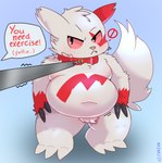 angry anthro belly blush collar crotch_tuft disobedient fur leash leash_pull navel overweight pink_eyes solo tuft white_body white_fur zanzan_(artist) nintendo pokemon generation_3_pokemon pokemon_(species) zangoose absurd_res hi_res