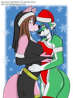 anthro blue_hair breasts brown_eyes brown_hair butt christian_cross christian_symbol clothed clothing collar cross crucifix duo female fur green_body green_fur hair holidays inverted_pentacle jewelry legwear necklace nun occult_symbol pentacle pentagram pink_body pink_fur religion religious_symbol skimpy smile snowflake stockings symbol winter yellow_eyes djcoyoteguy christianity christmas aventis rosabella santa_claus canid canine canis fox mammal wolf hi_res