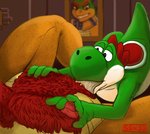 anthro bodily_fluids body_hair chest_hair genitals hair hairy male nipples oral penis red_hair saliva saliva_on_penis solo s-o-husky mario_bros nintendo bowser green_yoshi koopa scalie yoshi hi_res