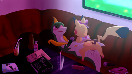 anus blush bodily_fluids clothed clothing cosplay_pikachu_(costume) dildo duo female female/female feral genital_fluids genitals karaoke karaoke_bar knot lube partially_clothed saliva sex sex_toy tribadism vaginal vaginal_fluids vibrator vulva jackerwobb nintendo pokemon cosplay_pikachu_(character) pikachu_pop_star furfrou generation_1_pokemon generation_5_pokemon generation_6_pokemon pikachu pokemon_(species) servine 16:9 4k absurd_res hi_res widescreen