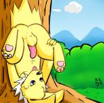 anus balls blue_eyes butt erection feet feral genitals hindpaw looking_through looking_through_legs male nude paws penis solo upside_down sirkiller nintendo pokemon eeveelution generation_1_pokemon jolteon pokemon_(species)