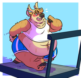 anthro antlers belly belly_overhang blue_background blue_bottomwear blue_clothing blue_shorts blush bodily_fluids bottomwear clothing exercise fur horn male navel obese obese_anthro obese_male overweight overweight_anthro overweight_male shirt shorts simple_background solo sweat tank_top toony topwear treadmill syc deer mammal hi_res