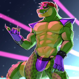 5_fingers abs anthro balls bracelet bulge claws clothed clothing countershading eyewear fingerless_gloves fingers genitals gloves green_body green_scales hair handwear ineffective_bottomwear ineffective_clothing jewelry jockstrap male muscular muscular_anthro muscular_male navel partially_clothed penis penis_base raised_clothing red_hair scales sharp_teeth shoulder_pads smile solo star_sunglasses sunglasses teeth underwear seibear five_nights_at_freddy's five_nights_at_freddy's:_security_breach scottgames steel_wool_studios montgomery_gator alligator alligatorid crocodilian reptile scalie 1:1 2022 digital_media_(artwork) hi_res signature