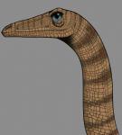 blue_sclera brown_body brown_scales featherless feral green_sclera long_neck realistic scales simple_background solo dahurgthedragon coelophysid coelophysis coelophysis_bauri dinosaur prehistoric_species reptile scalie theropod absurd_res detailed hi_res portrait