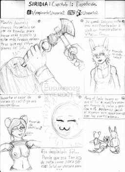 anthro breasts buckteeth clothed clothing clothing_lift electric_fan female gloves hair handwear nipples oscillating_fan ponytail shirt shirt_lift sun tank_top teeth text tools topwear usuario2 antonella_kahrman victoria_violeta_(usuario2) lagomorph leporid mammal mouse murid murine rabbit rodent comic hi_res monochrome sketch spanish_text traditional_media_(artwork)
