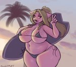 anthro beach big_breasts big_butt bikini breasts butt clothing female freckled_breasts freckled_butt freckled_face freckles gesture hand_gesture looking_at_viewer navel slightly_chubby slightly_chubby_female solo string_bikini surfboard swimwear thick_thighs two-piece_swimsuit moonlitmoff charlotte_(moonlitesau) arthropod insect lepidopteran moth hi_res