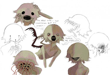 ambiguous_gender body_horror dialogue eyeless grin hole_in_face holes_in_body horror_(theme) open_mouth sharp_teeth simple_background sketch_inset skinny_ambiguous skinny_humanoid smile solid_circle_eyes solo tan_body tan_skin teeth text tongue tongue_out trypophobia white_background jejejunum humanoid monster monstrous_humanoid 2026 digital_drawing_(artwork) digital_media_(artwork) english_text hi_res multiple_images