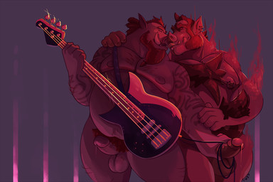 anthro arm_hair balls bass_guitar beard belly big_belly big_pubes bodily_fluids body_hair brown_beard brown_facial_hair brown_hair brown_pubes chest_hair dripping duo ear_piercing ear_ring erection eyes_closed facial_hair facial_piercing front_view genital_fluids genitals grey_background guitar hair handjob holding_bass holding_guitar holding_musical_instrument holding_object humanoid_genitalia humanoid_penis imminent_kiss lip_piercing lip_stud male moobs multiple_piercings musical_instrument nipple_piercing nipple_ring nipples nose_piercing nose_ring nude obese obese_anthro obese_male overweight overweight_anthro overweight_male penile penis piercing plucked_string_instrument precum precum_drip pubes ring_piercing septum_piercing septum_ring sex short_hair simple_background string_instrument tan_balls tan_body tan_skin tattoo tongue tongue_out chocolateandmilk domestic_pig mammal suid suine sus_(pig)