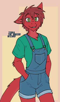 anthro arm_tuft biped blue_clothing blue_overalls bottomwear chest_tuft clothed clothing countershade_fur countershade_neck countershade_tail countershading elbow_tuft eyebrow_through_hair eyebrows farmer flesh_fang front_view fully_clothed fur green_clothing green_eyes green_shirt green_t-shirt green_topwear hair hands_in_both_pockets inner_ear_fluff looking_at_viewer male one_ear_up overalls pockets pointy_ears prick_ears pupils red_body red_countershading red_fur red_hair shirt short_hair simple_background slim slim_anthro slim_male slit_pupils smile snout snout_from_the_front solo standing t-shirt tail tapering_tail text topwear translucent translucent_hair tuft terrathewizard mythology terra_(terrathewizard) canid canine canis dragon furred_dragon furred_scalie hybrid mammal mythological_creature mythological_scalie scalie wingless_dragon wolf 2024 artist_name dated digital_drawing_(artwork) digital_media_(artwork) flat_colors portrait three-quarter_portrait andromorph_(lore)