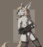 anthro breasts clothing combat_gloves female garter_belt garter_straps genitals gun harness legwear nipples one_eye_closed p90 pussy ranged_weapon solo stockings submachine_gun weapon wink alexandrys mofu_(lucky424) canid canine fennec_fox fox mammal true_fox