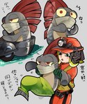 anthro driving duo fin grey_body ink male mask red_eyes red_fin tentacles text yellow_sclera kuraneko_nk nintendo splatoon cephalopod fish humanoid marine mollusk octarian octoling salmonid_(splatoon) steel_eel_driver 5:6 japanese_text