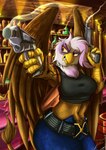 anthro anthrofied belt bottomwear clothing dual_wielding female gun handgun holding_object holding_weapon pistol ranged_weapon skirt solo topwear voice_actor_joke weapon james_corck black_lagoon friendship_is_magic hasbro my_little_pony mythology gilda_(mlp) revy_(black_lagoon) avian gryphon mythological_avian mythological_creature hi_res