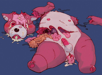 blood blue_background bodily_fluids brain decapitation disembowelment dismemberment gore gore_focus guts intestines male nipples nude organs severed_body_part severed_head simple_background solo kunugi bear mammal digital_media_(artwork)