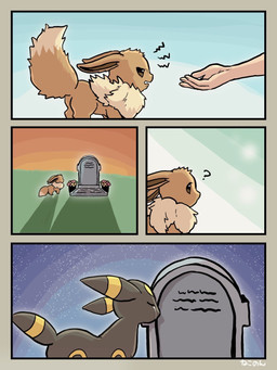 ambiguous_gender base_three_layout blockage_(layout) bodily_fluids brown_body brown_ears brown_fur brown_tail crying duo ears_down feral feral_focus fingers four_frame_image fur horizontal_blockage neck_tuft night pivoted_ears plant plant_pot potted_plant question_mark raised_tail sad side_view sky solo_focus star starry_sky tail tears three_row_layout tombstone tuft nekonon_syano nintendo pokemon eevee eeveelution generation_1_pokemon generation_2_pokemon human mammal pokemon_(species) umbreon 2022 comic hi_res