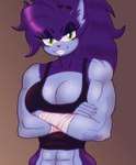 abs anthro bandage big_breasts black_clothing black_eyeshadow black_nose black_shirt black_t-shirt black_topwear blue_body blue_fur breasts clothing crossed_arms eyelashes eyeshadow female fur green_eyes hair head_spikes kemono long_eyelashes long_hair makeup muscular muscular_female pigtails purple_body purple_fur shirt small_eyebrows small_nose smile solo spikes spikes_(anatomy) strong_female t-shirt toony topwear 1ndigocat sega sonic_the_hedgehog_(series) fan_character eulipotyphlan hedgehog mammal colored_sketch half-length_portrait hi_res portrait sketch