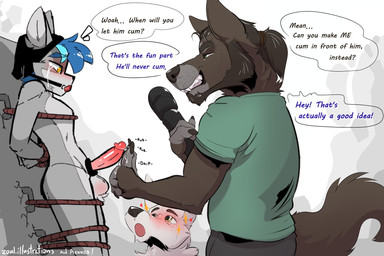 accessory anthro ball_gag balls bdsm beanie beanie_only blue_hair blush blush_lines bodily_fluids bondage bottomwear bound brown_body brown_fur clothing cock_ring cum cum_drip dominant dominant_male dripping edging ejaculation fur gag genital_fluids genitals grey_body grey_fur group hair hands-free hat hat_only headgear headgear_only headwear headwear_only jewelry male male/male mostly_nude orgasm_denial pants penis penis_accessory penis_jewelry precum questionable_consent restrained restraints rope rope_bondage sex_toy shirt speech_bubble submissive submissive_male tail tears teasing teeth text tip_tease topwear torture trio vibrator wand_vibrator white_body white_fur aennor zoul_illustration aennor_(character) bai_se_(aennor) zoul bird_dog canid canine canis domestic_dog golden_retriever hunting_dog mammal retriever wolf english_text hi_res