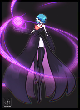 3_fingers anthro big_breasts black_arms black_background black_clothing black_dress black_legwear black_stockings blue_hair breasts chest_spike clothing dress female fingers floating hair legwear looking_at_viewer magic_user one_eye_obstructed pupils red_eyes short_hair simple_background slit_pupils small_waist solo spikes spikes_(anatomy) stockings white_body white_skin spectral_draw nintendo pokemon gardevoir generation_3_pokemon generation_6_pokemon mega_evolution mega_gardevoir pokemon_(species) shiny_pokemon 2025 absurd_res hi_res signature