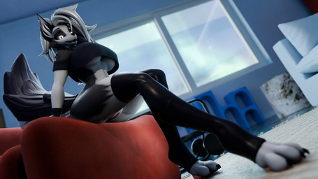 anthro big_breasts big_tail black_clothing black_gloves black_handwear black_legwear black_shirt black_thigh_highs black_topwear bottomless bottomless_anthro bottomless_female breasts claws clothed clothing collar digitigrade dutch_angle fangs feet female furniture genitals glistening glistening_clothing glistening_legwear glistening_thigh_highs gloves glowing glowing_eyes hair handwear inner_ear_fluff inside legwear long_hair looking_at_viewer notched_ear on_sofa open_mouth open_smile pawpads paws red_sclera shirt sitting sitting_on_sofa smile smiling_at_viewer sofa solo spiked_collar spikes tail teeth thigh_highs toeless_thigh_highs toes topwear tuft under_boob ventral_groove vulva white_eyes white_hair wide_hips window mrs_dexie da.nilkaz_(modeler) hellaverse helluva_boss mythology loona_(helluva_boss) canid canid_demon canine demon hellhound mammal mythological_canine mythological_creature 2026 3d_(artwork) absurd_res digital_media_(artwork) hi_res