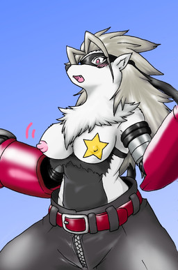 anthro belt blush bottomwear breasts clothed clothing female fur grey_body grey_fur gun_arm mask mechanical_arm nipples pants pasties simple_background solo standing topless torn_clothing weapon_arm zipper garu_(pixiv) bandai_namco digimon digimon_beatbreak digimon_(species) wolvermon digital_media_(artwork) hi_res