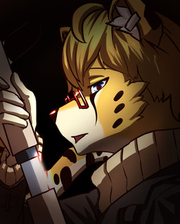anthro black_background black_clothing black_topwear blonde_hair blue_eyes clothed clothing ear_piercing ear_ring eyewear facial_spots fur glasses hair holding_melee_weapon holding_object holding_sword holding_weapon male markings melee_weapon narrowed_eyes piercing rectangular_glasses ring_piercing side_view simple_background solo spots spotted_body spotted_face spotted_fur sword tan_clothing tan_topwear topwear unsigned weapon yellow_body yellow_fur papayafurry felid mammal absurd_res bust_portrait hi_res portrait