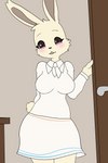 anthro bottomwear brown_eyes clothing female fur hand_on_door shirt skirt solo tan_body tan_fur topwear white_bottomwear white_clothing white_shirt white_skirt white_topwear hikaridraws beastars haru_(beastars) lagomorph leporid mammal rabbit 2:3 absurd_res hi_res