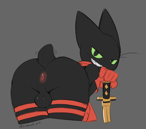 anthro anus backsack balls bent_over butt clothing femboy genitals gloves green_eyes grey_background grin handwear katana kerchief legs_together looking_at_viewer looking_back male male_anthro melee_weapon mostly_nude neckerchief neckwear presenting presenting_anus presenting_hindquarters red_clothing red_gloves red_handwear red_kerchief red_neckerchief sharp_teeth short_tail simple_background smile solo sword tail tail_motion tailwag teeth thick_thighs weapon himacat cartoon_network mao_mao:_heroes_of_pure_heart sheriff_mao_mao_mao felid feline mammal 2025 colored_sketch hi_res portrait sketch three-quarter_portrait