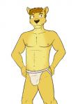 3:4 anthro bulge clothed clothing felid fuze hi_res jockstrap lion male mammal nipples pantherine roy_(texnatsu) solo texnatsu topless underwear white_clothing white_underwear