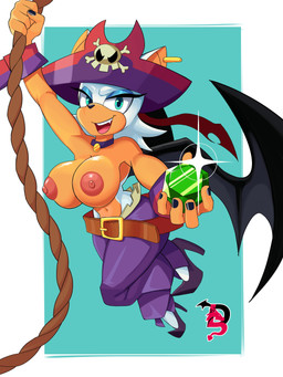 anthro areola bat_wings belt big_breasts black_nails black_nose black_wings blue_background blue_eyeshadow bottomwear breasts choker clothed clothing colored_nails cosplay crossover_cosplay cuffs_(clothing) ear_piercing eyeshadow female footwear front_view fur gem green_eyes hat headgear headwear high_heels holding_gem holding_object jewelry looking_at_viewer makeup membrane_(anatomy) membranous_wings nails navel necklace nipples open_mouth open_smile pants piercing pink_areola pink_nipples pirate_hat purple_bottomwear purple_clothing purple_footwear purple_hat purple_headwear purple_high_heels purple_pants rope shoes simple_background smile solo swinging_on_rope tan_body tan_fur thick_thighs topless white_background white_body white_fur wide_hips wings 69lewddragon69 sega shantae_(series) sonic_the_hedgehog_(series) wayforward risky_boots rouge_the_bat bat mammal 3:4 absurd_res crossover hi_res