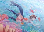 anthro clothing coral_reef hair male smile swimming swimwear underwater water whiskers fellicaleandra rain_(sealmode) anthozoan cnidarian coral fish harbor_seal mammal marine pinniped seal