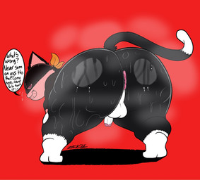 anthro anus balls bent_over big_butt black_body black_fur bodily_fluids bubble_butt butt fur genitals grin huge_butt humanoid_genitalia humanoid_penis inviting kerchief male markings mask musk musky_balls musky_butt penis pink_eyes presenting presenting_hindquarters red_background seductive shortstack shortstack_male simple_background smile solo speech_bubble sweat sweaty_butt tail tail_markings teasing teasing_viewer teasing_with_butt text thick_thighs white_body white_fur zackdadawg atlus megami_tensei persona_(series) persona_5 sega morgana_(persona) domestic_cat felid feline felis mammal tuxedo_cat english_text hi_res
