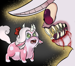 2_toes 3_horns 4_teats accessory ambiguous_anthro ambiguous_gender anthro blood blood_from_mouth blood_in_mouth bodily_fluids bow_ribbon crying duo ears_down eye_contact eyelashes feet female female_feral feral glowing gore green_eyes hair hair_accessory hair_bow hair_ribbon horn looking_at_another multi_horn nipples open_mouth perspective pink_body pink_nipples pivoted_ears red_bow red_eyes ribbons sharp_teeth standing tail tears teats teeth toes tongue white_hair white_horn white_tail yellow_sclera young young_female young_feral myrayray fluffy_pony fluffy_pony_(species) hybrid lagomorph leporid mammal rabbit 2025 digital_media_(artwork) english_description hi_res