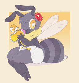 abdl ageplay anthro arthropod_abdomen baby_bottle clean_diaper clothed clothing diaper diaper_only drinking female female_anthro fur grey_body holding_baby_bottle infantilism insect_wings orange_background question_mark roleplay simple_background sitting solo speech_bubble text topless wearing_diaper white_diaper wings yellow_background yellow_body yellow_eyes yellow_fur neotenous poppy_(iriss) arthropod bee honey_bee hymenopteran insect artist_name hi_res