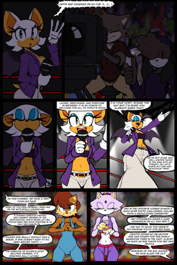anthro areola areola_slip belt bottomwear breasts camera cleavage clothed clothing costume dialogue electronics eyeshadow female fighters fire forehead_gem gem gesture group hand_gesture makeup microphone navel pants shirt smile speech_bubble stadium suit_jacket sweatpants tank_top text thumbs_up topwear trio wings wrestling_match wrestling_outfit justtaylor sega sonic_the_hedgehog_(series) blaze_the_cat rouge_the_bat sally_acorn bat chipmunk domestic_cat felid feline felis ground_squirrel mammal rodent sciurid 2:3 absurd_res comic english_text hi_res