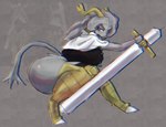 accessory anthro armor big_breasts big_butt black_clothing black_legwear blue_eyes breasts butt capelet clothing collared_shirt dress_shirt female fur greaves grey_body grey_fur hair_accessory holding_melee_weapon holding_object holding_weapon hooves horn huge_butt huge_hips huge_thighs hyper hyper_butt legwear looking_away melee_weapon pose shirt side_view solo thick_thighs topwear weapon white_clothing wide_hips fakesigss pseudoregalia sybil_(pseudoregalia) bovid caprine domestic_cat felid feline felis goat lagomorph leporid mammal rabbit 2025 absurd_res chromatic_aberration digital_drawing_(artwork) digital_media_(artwork) hi_res shaded signature sketch