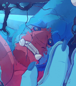 bared_teeth beard black_eyes blue_beard blue_body blue_claws blue_facial_hair claws facial_hair facial_markings finger_claws front_view glistening glistening_eyes head_markings male male_humanoid markings no_sclera pupils red_markings reflection solo teeth yellow_pupils chocolateandmilk humanoid hi_res