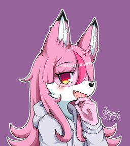 4_fingers anthro clothed clothing cute_fangs fangs female female_anthro fingers fur hair multicolored_body multicolored_fur pink_body pink_fur pink_hair purple_background simple_background solo teeth white_body white_fur jammie0910 brand_new_animal studio_trigger nazuna_hiwatashi canid canine fox mammal 2020 bust_portrait portrait
